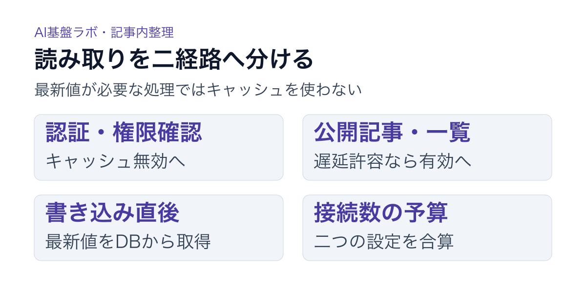 認証・権限確認と書き込み直後はキャッシュ無効、公開記事や一覧は遅延を許容する場合だけ有効にし、二つの接続設定の接続数を合算する判断表