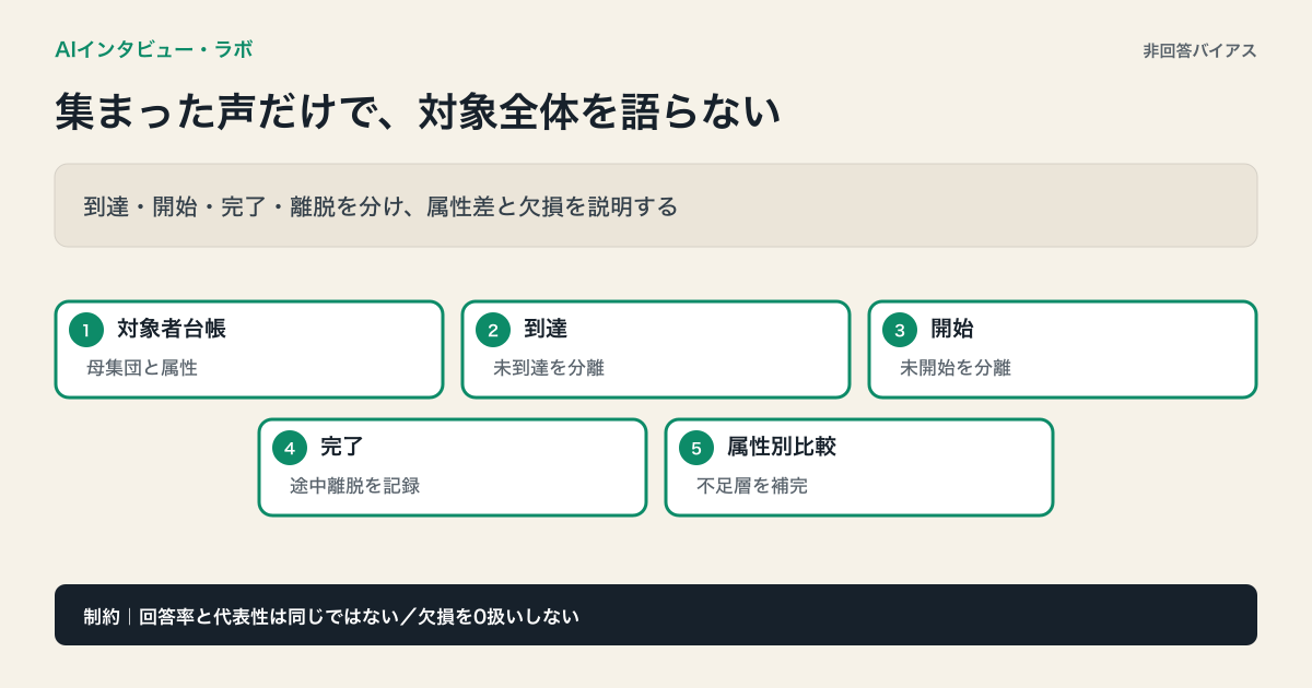 AIインタビューの対象者台帳から到達、開始、完了を追い、未到達・未開始・途中離脱と属性差を診断する図
