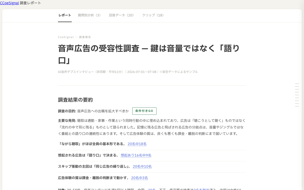 示唆、言及数、引用元の発言を同じ画面で確認できるCoeSignalの公開サンプルレポート
