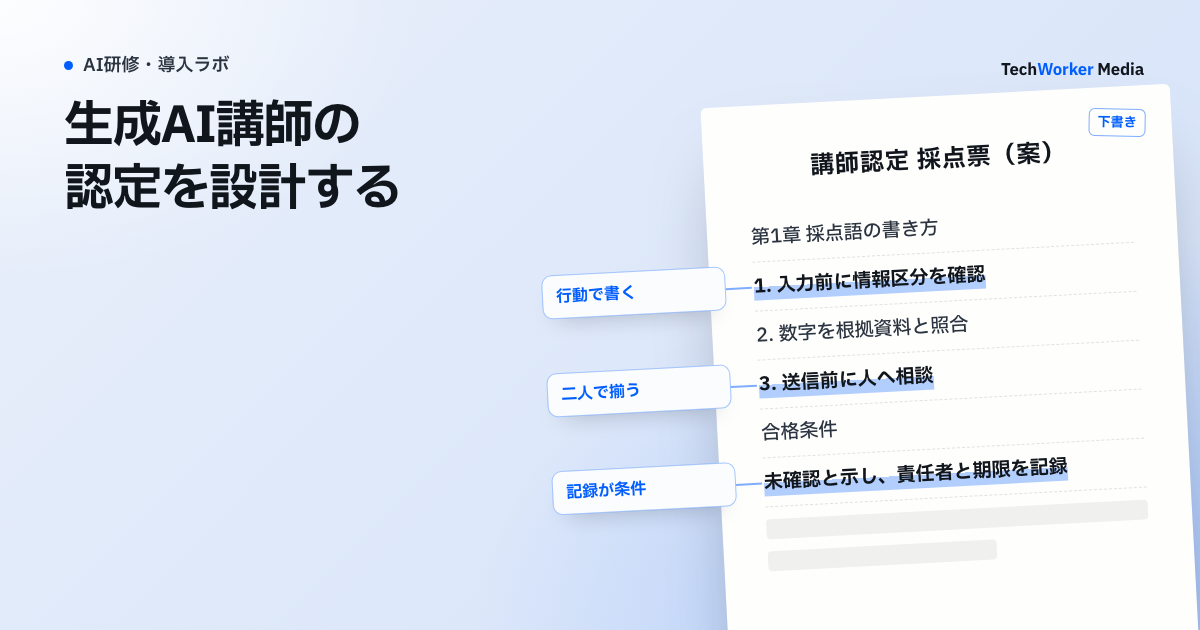 生成AI講師の認定を設計する。採点語を記録できる行動へ直して採点を揃える