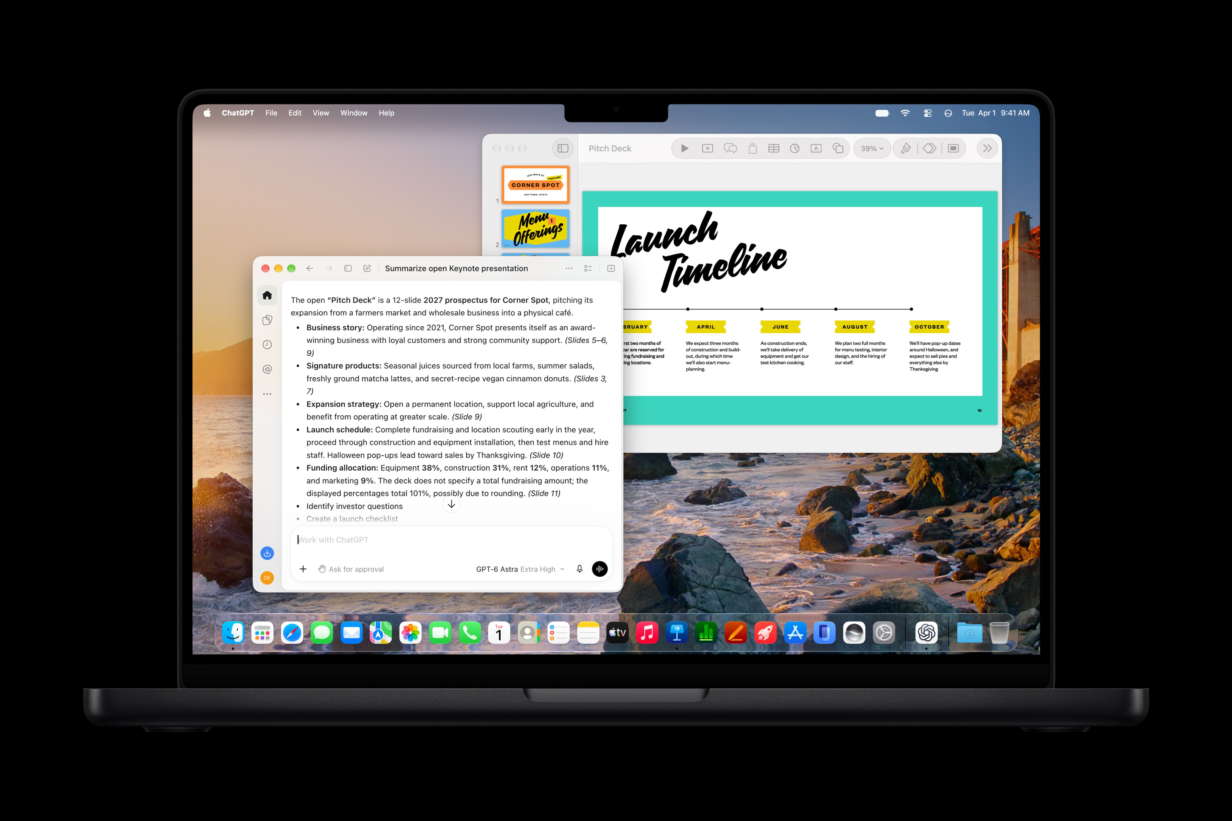 Appleが公開したMac版Keynoteの画面。プレゼンテーション資料と、その資料についてのAI要約が並んでいます。