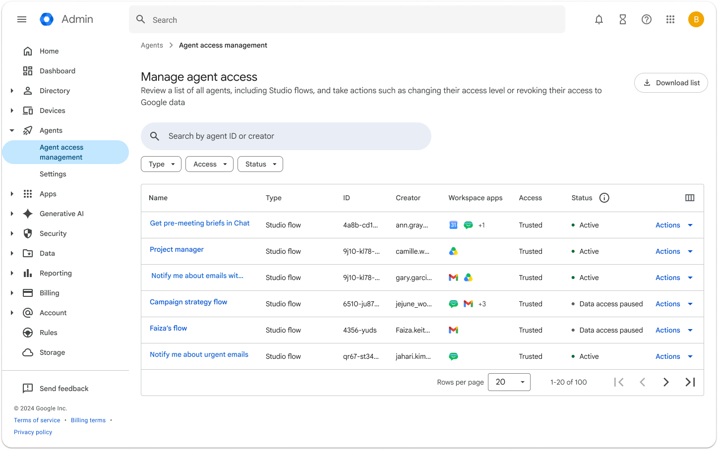 Google Workspace管理画面のエージェント管理。組織単位ごとにアクセスを制御する実画面