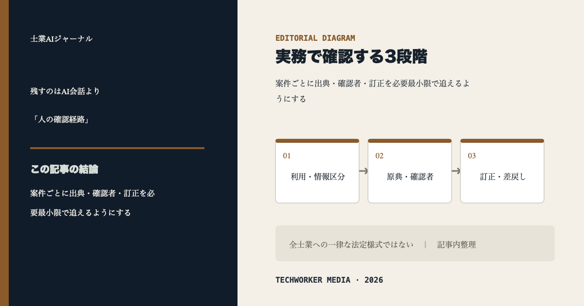 士業の生成AI利用を情報区分、原典と確認者、訂正と差戻しの3段階で案件記録へ残す図