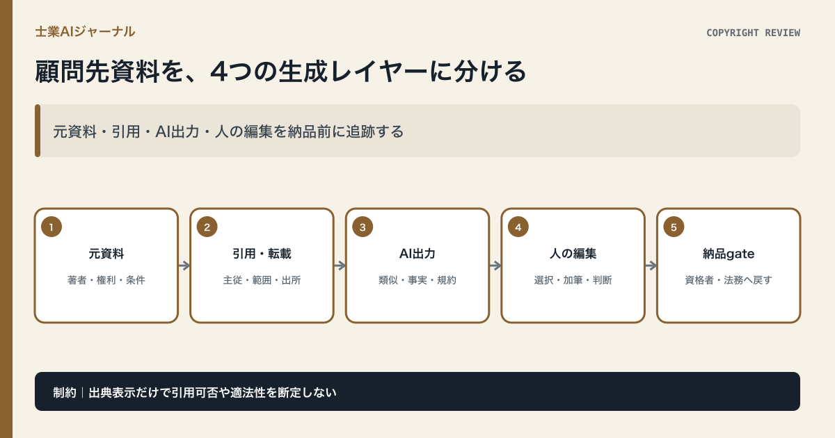 士業の顧問先資料を元資料、引用、AI出力、人の編集に分け、納品前に確認する図