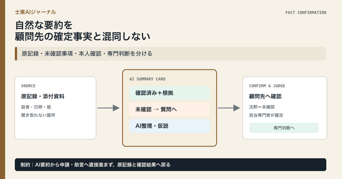 士業の相談記録をAI要約で確認済み・未確認・AI整理に分け、未確認事項だけを顧問先へ戻して専門判断へ進む3段階の確認図